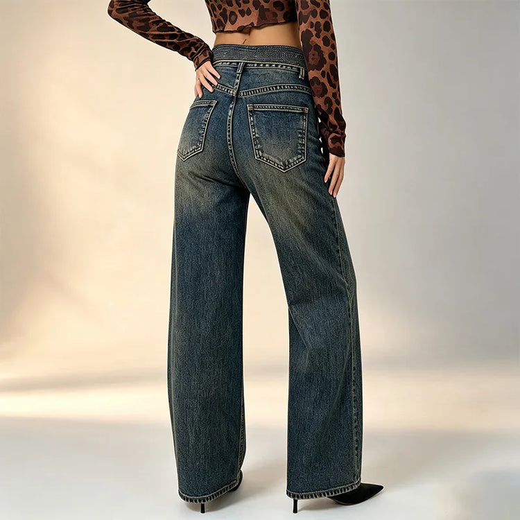 Women's Wide-Leg Jeans with Rhinestone-Trimmed Cuff, Dark Blue Retro Vintage Wash Denim, Trendy Shiny Details, Glam Streetwear Style, Flattering Fit That Enhances the Silhouette, Jf526