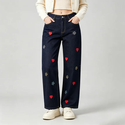 Women's High-Waisted Wide-Leg Black Jeans with Trendy Colorful Heart and Flower Embroidery, Durable Denim with a Flowy Fit, Loose-Cut Pants That Flatter the Figure, Casual Urban Streetwear Style, Original Embellished Design,