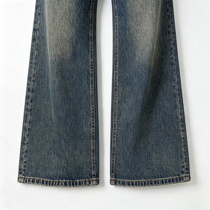 Women's Wide-Leg Jeans with Rhinestone-Trimmed Cuff, Dark Blue Retro Vintage Wash Denim, Trendy Shiny Details, Glam Streetwear Style, Flattering Fit That Enhances the Silhouette, Jf526