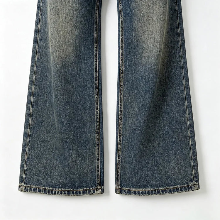 Women's Wide-Leg Jeans with Rhinestone-Trimmed Cuff, Dark Blue Retro Vintage Wash Denim, Trendy Shiny Details, Glam Streetwear Style, Flattering Fit That Enhances the Silhouette, Jf526