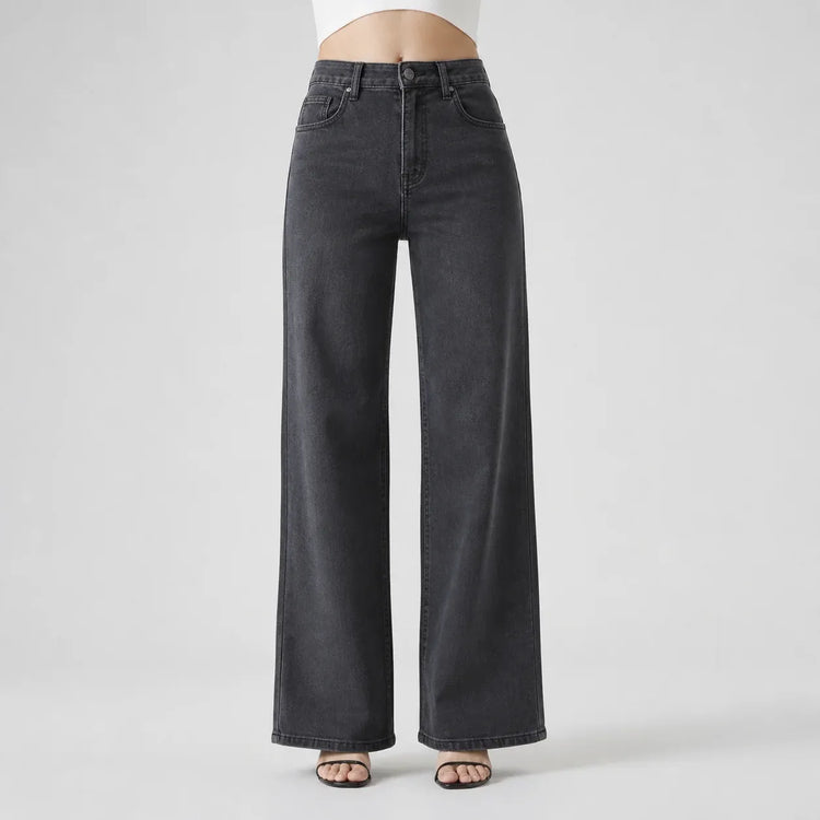 Women's High-Waisted Wide-Leg Jeans, Vintage Faded Dark Wash, Casual Streetwear Style, Elegant Modern Retro Style Pants, Flowy Cut That Elongates the Legs and Enhances the Silhouette, Comfortable Fit, Ideal for Outings Fx1338