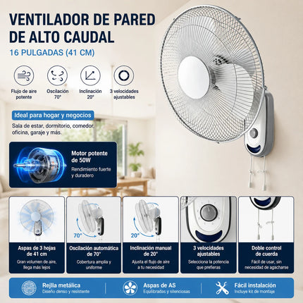 Ventilatore da parete, ventilatore da parete bianco ad alto flusso, ventilatore regolabile a 3 velocità per casa, ufficio e garage
