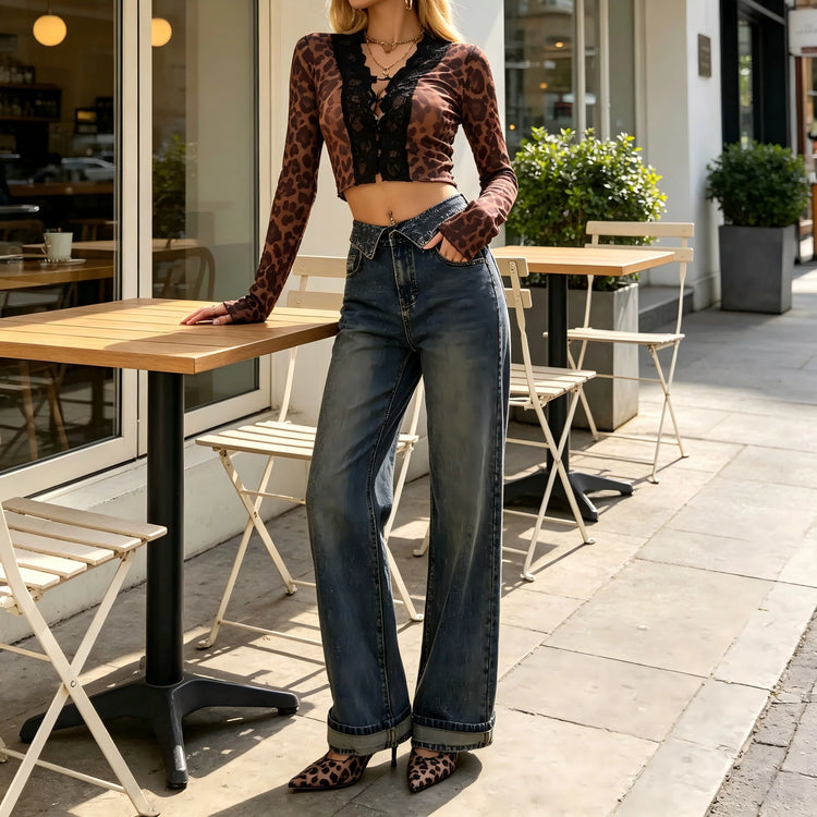 Women's High-Waisted Wide-Leg Jeans in Blue and Black Vintage Style, Loose Fit with Cuffed Hem, Elegant Casual Streetwear Pants, Retro Distressed Wash That Enhances the Silhouette, Flowy Cut That Elongates the Legs, Jf526