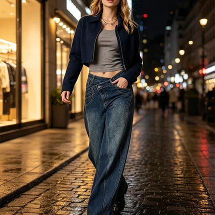 Asymmetric Cross Waist woman Wide Barrel Leg Jeans Dark Blue Denim Vintage Wash Streetwear trousers Shaped Stitching Wide Fit Comfortable Urban Look Daily Fashion Outings YW-1668