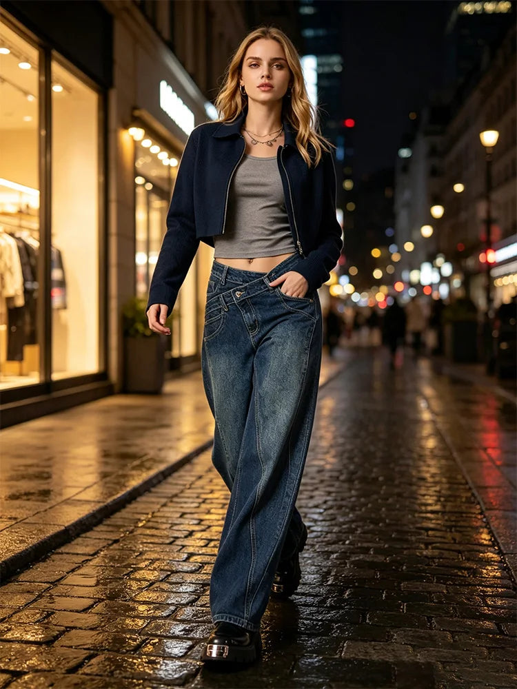 Asymmetric Cross Waist woman Wide Barrel Leg Jeans Dark Blue Denim Vintage Wash Streetwear trousers Shaped Stitching Wide Fit Comfortable Urban Look Daily Fashion Outings YW-1668