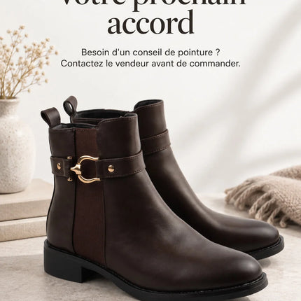 Bel Chou's J130-63 Women's Dark Brown Low Heel Boots with Inner Zipper and Gold Buckle