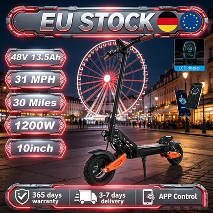 EU Stock 1200W Electric Scooter 31 MPH Adult Commuter Electric Scooter 3 Speed Adjustment 10 Inch Thickened And Widened Off Road Puncture Resistant Tires For A Safe And Comfortable Ride