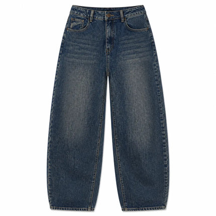 Dark Blue Denim Barrel Wide Leg woman Jeans High Waist Loose Fit Vintage Wash Casual Streetwear Shaped Stitching trousers Maximum Comfort Urban Look daily outings and trending outfits YW1847