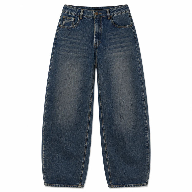 Dark Blue Denim Barrel Wide Leg woman Jeans High Waist Loose Fit Vintage Wash Casual Streetwear Shaped Stitching trousers Maximum Comfort Urban Look daily outings and trending outfits YW1847