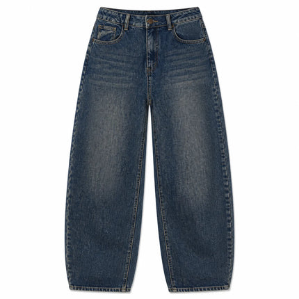 Dark Blue Denim Barrel Wide Leg woman Jeans High Waist Loose Fit Vintage Wash Casual Streetwear Shaped Stitching trousers Maximum Comfort Urban Look daily outings and trending outfits YW1847