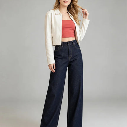 Women's High-Waisted, Wide-Leg, Raw Dark Blue Denim Jeans, Trendy Loose-Fitting and Body-Hugging Fit, Durable Anti-Deformation Fabric That Enhances the Silhouette, Urban Casual Streetwear Style, Comfortable Versatile Pants, F