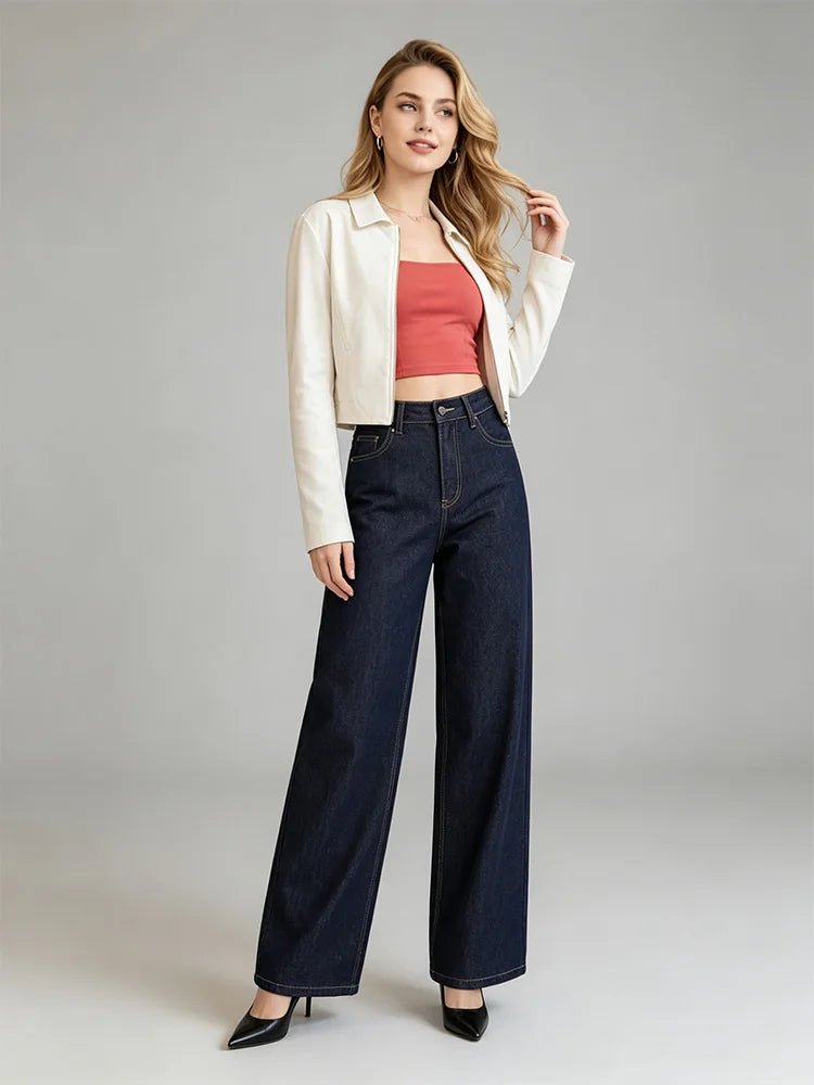 Women's High-Waisted, Wide-Leg, Raw Dark Blue Denim Jeans, Trendy Loose-Fitting and Body-Hugging Fit, Durable Anti-Deformation Fabric That Enhances the Silhouette, Urban Casual Streetwear Style, Comfortable Versatile Pants, F