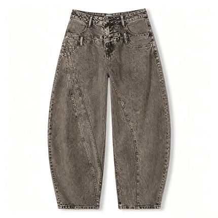 Women's Loose Barrel-Cut Jeans in Grey Acid Wash with Floral Print, Asymmetrical Stitching, Trendy High-Waisted Design, Urban Grunge Streetwear Style, Comfortable Pants, Durable Denim Fabric That Enhances the Silhouette, Fx53