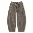 Women's Loose Barrel-Cut Jeans in Grey Acid Wash with Floral Print, Asymmetrical Stitching, Trendy High-Waisted Design, Urban Grunge Streetwear Style, Comfortable Pants, Durable Denim Fabric That Enhances the Silhouette, Fx53