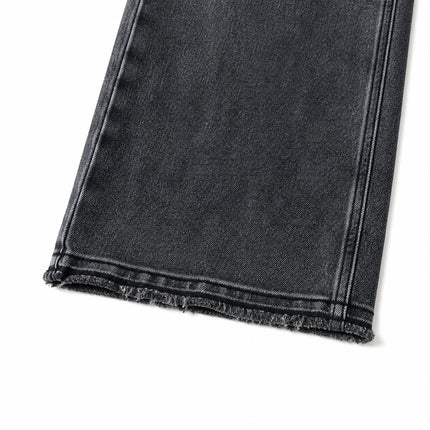 Women's Wide Leg High Waist Jeans, Black‑Gray Vintage Acid Wash Denim, Frayed Hem, Engraved Pattern Fabric, Loose Fit Shaping Legs, Y2K Street Style, Ideal for Urban Outings, Walks, Dates Fx5153