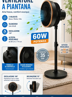 Ventilatore Turbo a Piantana 60W Ø35 cm – Oscillazione 180° e Altezza Regolabile 84-114 cm