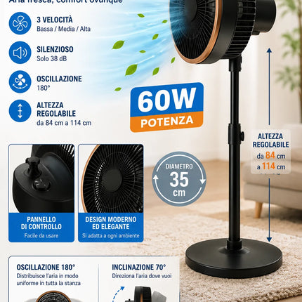 Ventilatore Turbo a Piantana 60W Ø35 cm – Oscillazione 180° e Altezza Regolabile 84-114 cm