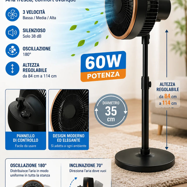 Ventilatore Turbo a Piantana 60W Ø35 cm – Oscillazione 180° e Altezza Regolabile 84-114 cm
