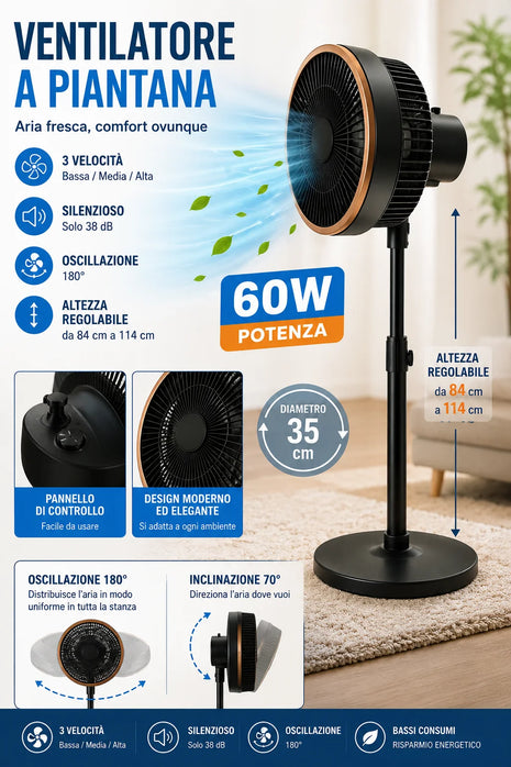 Ventilatore Turbo a Piantana 60W Ø35 cm – Oscillazione 180° e Altezza Regolabile 84-114 cm