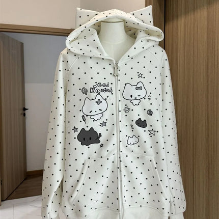 Japanese Y2k Hoodies Jackets Women Clothes Polka Dot Cat Print Sweatshirts 2025 Ropa Mujer Casual Chic Hooded Cute Hoodie Tops