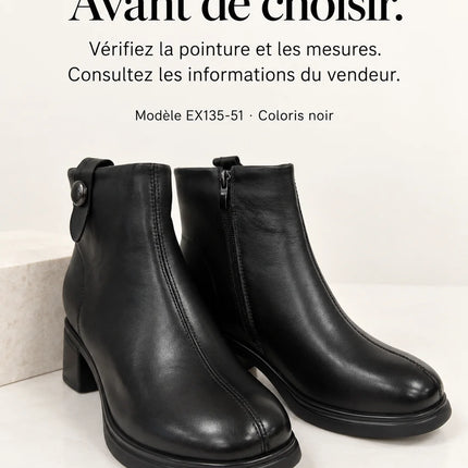 Bel Chou's EX135-51 Women's Black Block Heel Ankle Boots with Inner Zip and Decorative Button