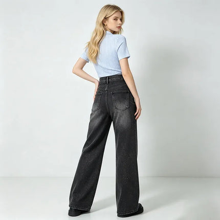 Women's Jeans High Waist Wide Leg Black With Glitter Effect Denim Detail Vintage Wash Side Seams, Large Comfortable Streetwear pants Ideal For Casual Outing And Urban Looks Soft Non-Stringing Fabric YW-1842