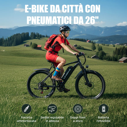Bicicletta elettrica Aairsk Q7 con motore da 250W, batteria rimovibile da 36V 10Ah, velocità massima di 25 km/h, doppia sospensione e autonomia da 45 a 75 km per carica. Bicicletta elettrica per adulti.