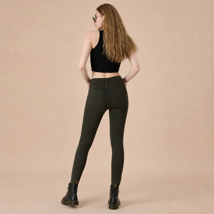 Women's Jeans Skinny High Waist Denim Green Olive Washed Elastic Effect pants Slim Fit Streetwear Casual For Work Out And Leisure YW‑1639D