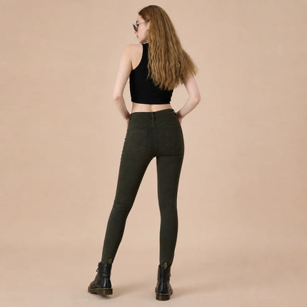 Women's Jeans Skinny High Waist Denim Green Olive Washed Elastic Effect pants Slim Fit Streetwear Casual For Work Out And Leisure YW‑1639D