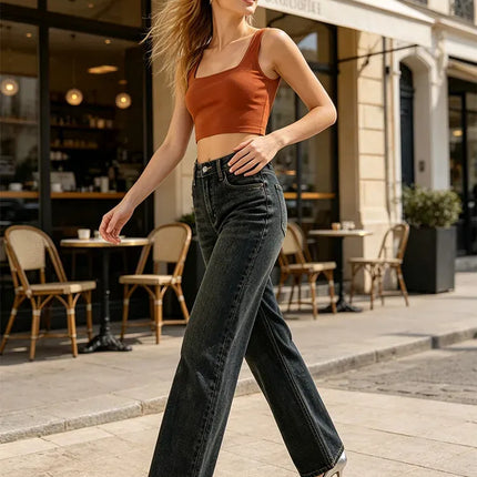 Women's Jeans Big Leg High Waist Denim Blue-Black Wash Vintage Effect Texture Used Thin pants Casual Streetwear For Urban Outing and Daily Look FX563-1