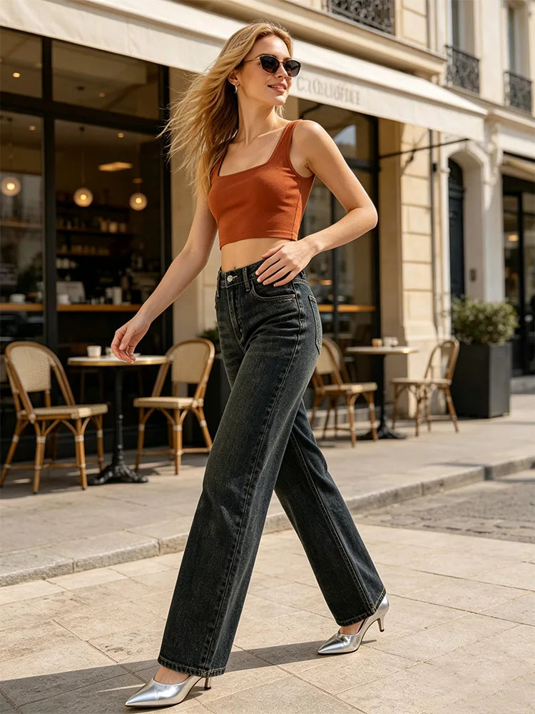 Women's Jeans Big Leg High Waist Denim Blue-Black Wash Vintage Effect Texture Used Thin pants Casual Streetwear For Urban Outing and Daily Look FX563-1