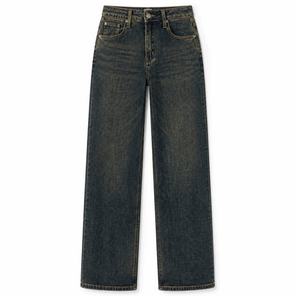 Women's Jeans Big Leg High Waist Denim Blue-Black Wash Vintage Effect Texture Used Thin pants Casual Streetwear For Urban Outing and Daily Look FX563-1