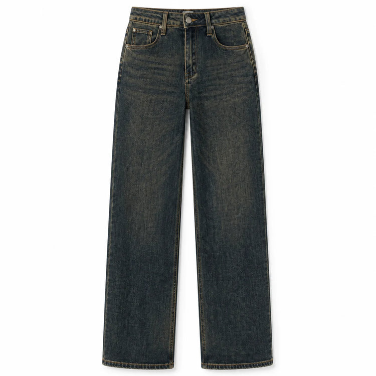 Women's Jeans Big Leg High Waist Denim Blue-Black Wash Vintage Effect Texture Used Thin pants Casual Streetwear For Urban Outing and Daily Look FX563-1