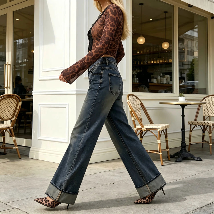 Women's High-Waisted Wide-Leg Jeans in Blue and Black Vintage Style, Loose Fit with Cuffed Hem, Elegant Casual Streetwear Pants, Retro Distressed Wash That Enhances the Silhouette, Flowy Cut That Elongates the Legs, Jf526