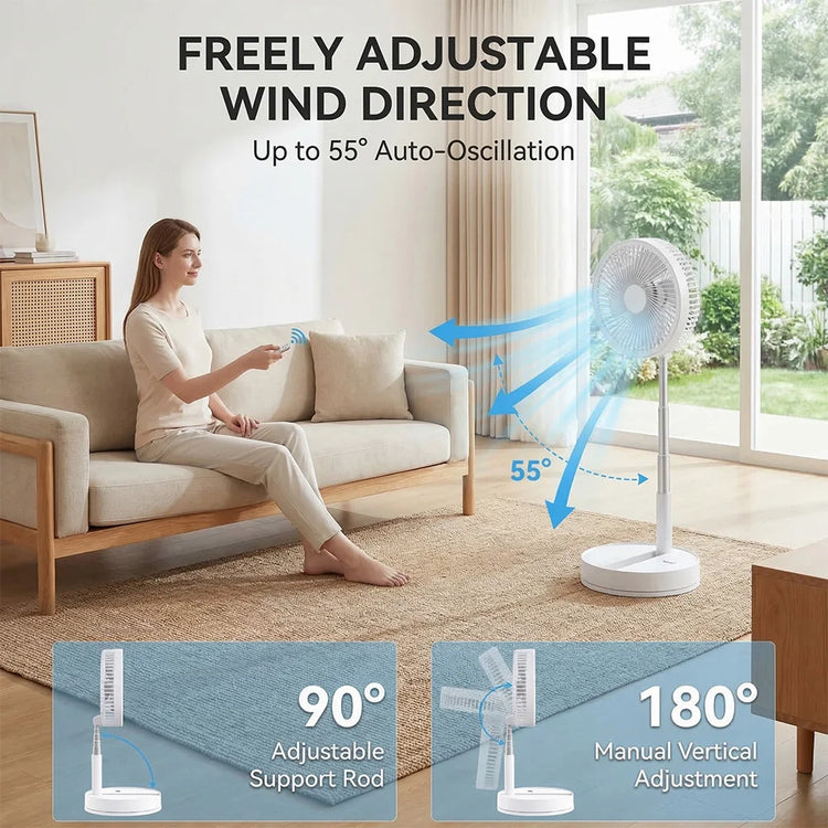 Ventilatore portatile pieghevole senza fili con telecomando, ventilatore da tavolo ricaricabile USB da 8000 mAh, 4 velocità del vento, funzionamento silenzioso, altezza regolabile, piccolo ventilatore da scrivania per casa,