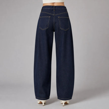 Women's High-Waisted Barrel-Style Vintage Jeans, Raw Dark Blue Denim, Loose-Fitting Curved Leg Pants with Contrasting Stitching, Trendy Casual Street Style, Comfortable Cut That Enhances the Silhouette, Relaxed Fit, Fx5379-6