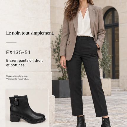 Bel Chou's EX135-51 Women's Black Block Heel Ankle Boots with Inner Zip and Decorative Button