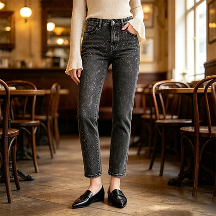 High Waist Straight Jeans Black Grey woman Wash Stone Rhinestones Soft Denim Slim Comfortable Modern Style City Outings Evening Special FX5311