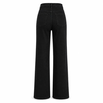 Women’s high-waisted wide-leg black jeans, dark washed denim with elastane, casual large trousers for the city, office, and outings, figure-flattering fit, comfortable fabric that doesn’t constrict FX1338-1