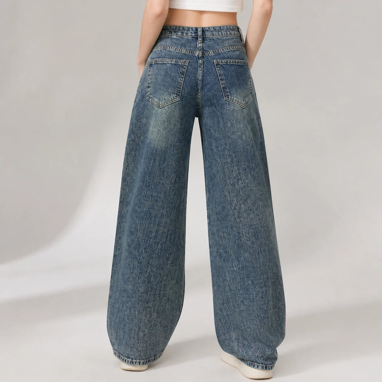 Women's Wide Leg Jeans with Distressed Waist, Blue Denim with Vintage Texture Effect, Crossed Oblique Closure, Loose Fit for Leg Shaping, Y2K Streetwear Style, Ideal for Outings, Urban Life, Dates, Spring Summer Autumn Winter