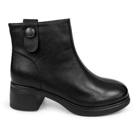 Bel Chou's EX135-51 Women's Black Block Heel Ankle Boots with Inner Zip and Decorative Button