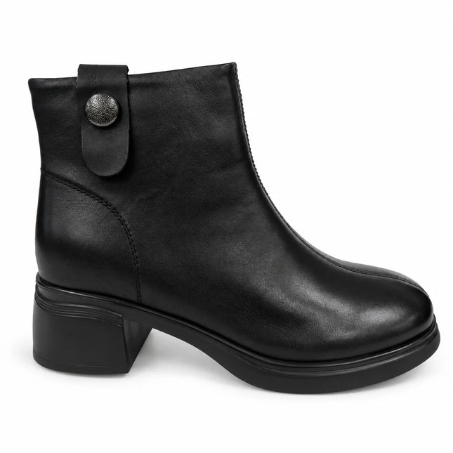 Bel Chou's EX135-51 Women's Black Block Heel Ankle Boots with Inner Zip and Decorative Button