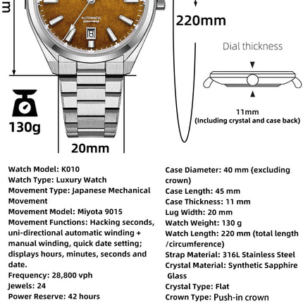 AddiesKin K010 Automatic Watch for Men Natural Tiger Eye Dial Miyota 9015 Movement Sapphire Crystal 200 Waterproof Luminous Gift