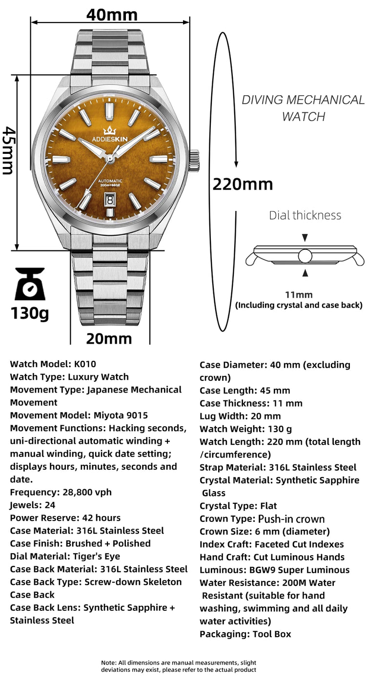 AddiesKin K010 Automatic Watch for Men Natural Tiger Eye Dial Miyota 9015 Movement Sapphire Crystal 200 Waterproof Luminous Gift