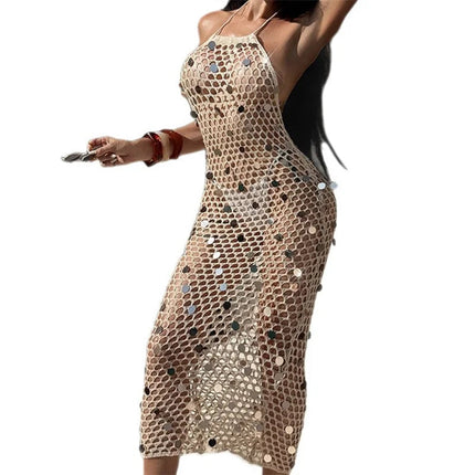 Abito sexy in maglia con paillettes con lacci e scollo all'americana, lungo da spiaggia, bikini all'uncinetto, copricostume estivo, costume da bagno femminile, sarong platinumshop