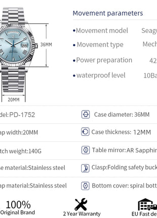 PAGANI DESIGN DD36 Orologio da Uomo con Data, Orologio Meccanico Automatico di Lusso, Vetro Zaffiro AR, Impermeabile 10 Bar