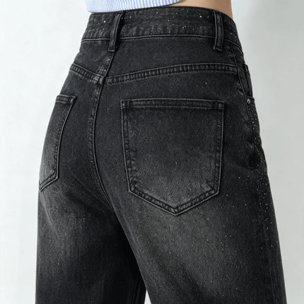 High Waist woman Jeans Barrel Model Black Denim Vintage Wash Sparse Brilliant Detail large trousers Leg Curved Streetwear Y2K Fashion Casual Outfits YW-1842