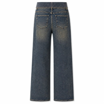 Women's High Waist Wide Leg Jeans with Rhinestone Flap and Engraved Pattern, Vintage Washed Denim, Loose Fit Shaping Legs, Y2K Glamour Style, Shiny Details, Ideal for Evening Outings, Parties, Dates Jf526