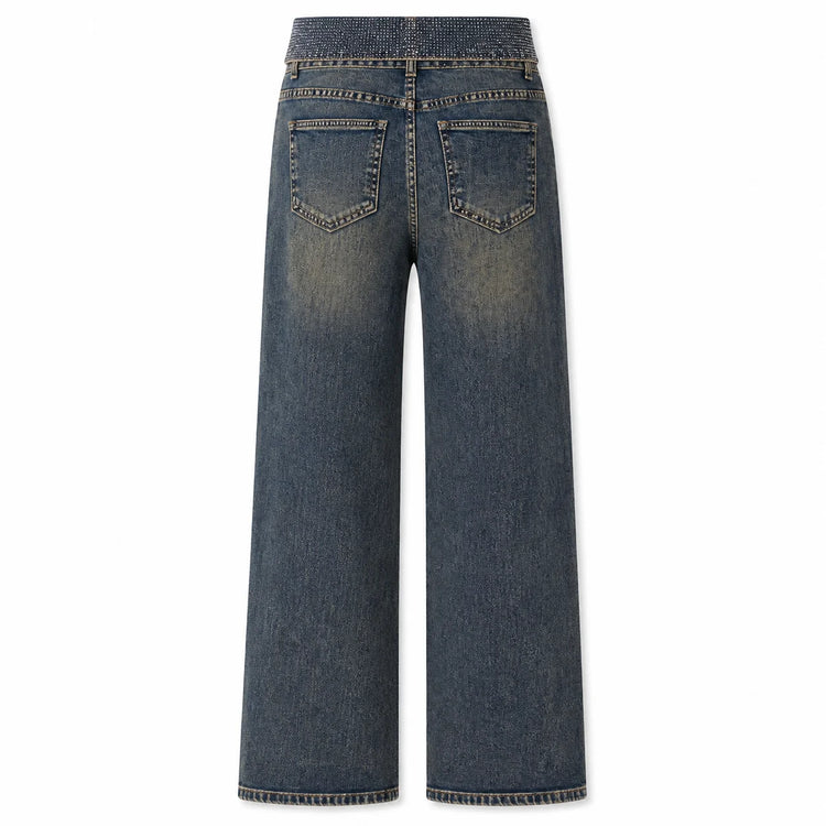 Women's High Waist Wide Leg Jeans with Rhinestone Flap and Engraved Pattern, Vintage Washed Denim, Loose Fit Shaping Legs, Y2K Glamour Style, Shiny Details, Ideal for Evening Outings, Parties, Dates Jf526