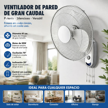 Ventilatore da parete, ventilatore da parete bianco ad alto flusso, ventilatore regolabile a 3 velocità per casa, ufficio e garage